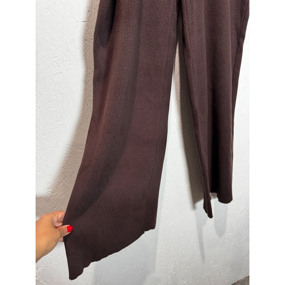 Camila Coelho Large Brown Ribbed Knit Wide Leg Pants Flowy Lounge Trousers - Picture 2 of 4